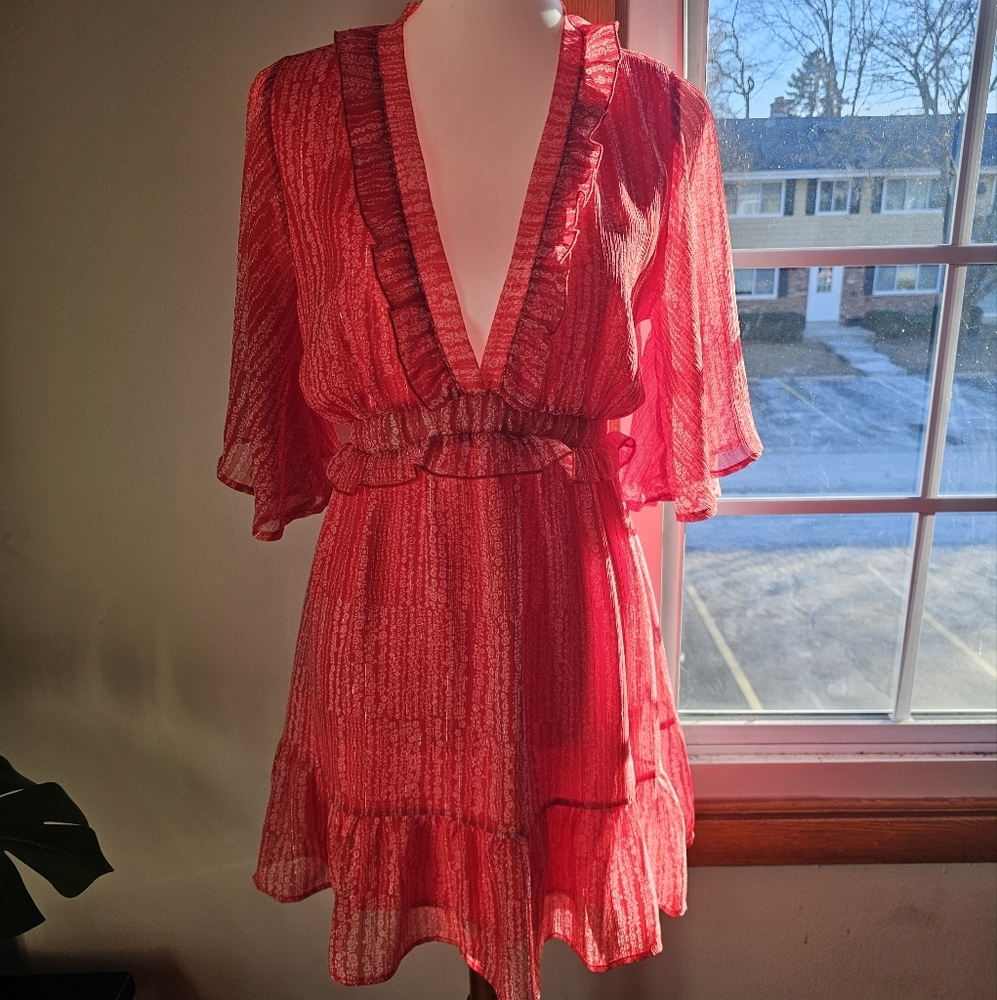 VICI Medium Red V Neck Sheer Flutter Sleeve Mini Dress